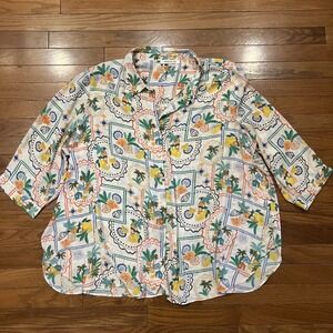 Rose + Olive 3X Tropical Button Front Blouse Amalfi Coast Lemon Print Plus Size